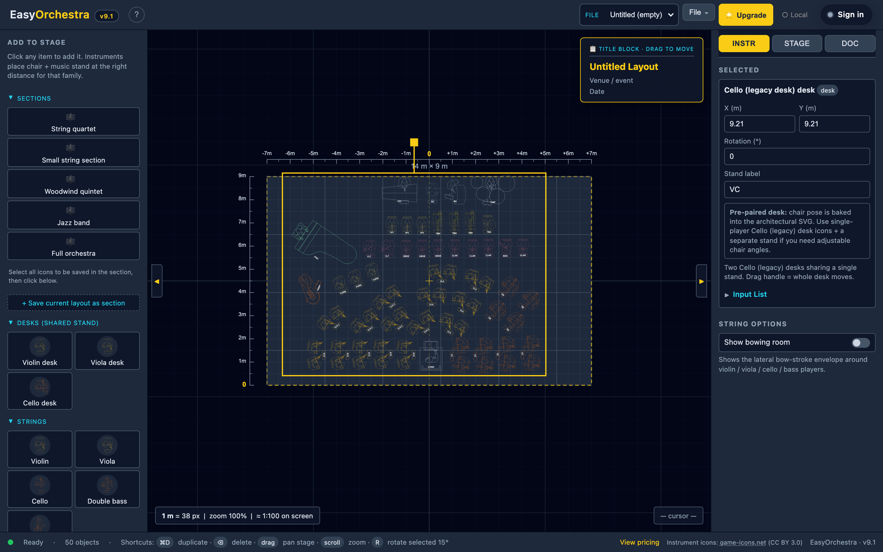 EasyOrchestra — a full 50-piece orchestra stage plot laid out with the complete instrument library